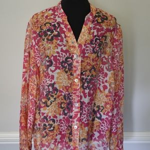Ruby Red Woman, Pink, Orange, White. Floral Top